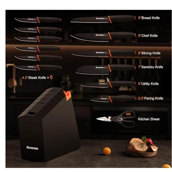 15 Pcs Kitchen Knife Set Dishwasher Safe Sharpener, HiCarbon German Steel&Block - Picture 2 of 6